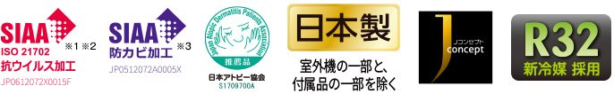 各種ロゴ2（SIAA防カビ加工※3、日本アトピー協会推奨品、日本製〔付属品の一部を除く〕、Jコンセプト,R32新冷媒採用、ZEH対応 区分い）