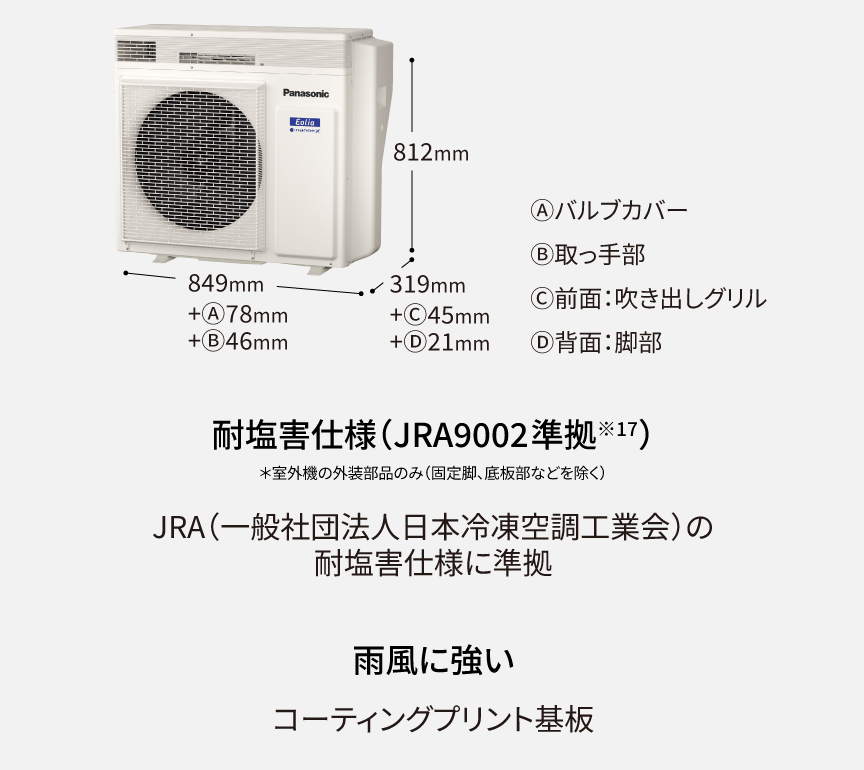 室外機。サビや潮風に強い耐塩害仕様 (JRA9002準拠)。雨風に強いコーティングプリント基板。