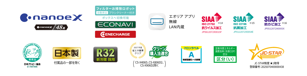 各種ロゴ。ナノイーX（48兆）、フィルターお掃除ロボット自動排出ブラシクリーナー付き（ボックスへ切換可能）、エコナビ、エネチャージ、エオリアアプリ（無線LAN内蔵）、SIAA抗ウイルス加工※14、SIAA抗菌加工※15、SIAA防カビ加工※16、日本アトピー協会推奨品、日本製（付属品の一部を除く）、R32新冷媒採用、2027年度省エネ基準クリア・グリーン購入法適合（CS-X406D、CS-X806D2、CS-X906D2除く）、フロンラベルA、定格冷房エネルギー消費効率（冷房COP）区分 区分い、JC-STAR