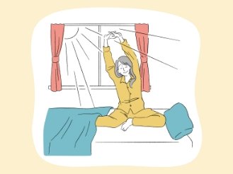 女性がベッドの上で伸びをしているイラストです。該当ページへリンクします。