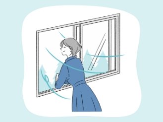 女性が窓を開けて気持ちよさそうに換気しているイラストです。該当ページへリンクします。