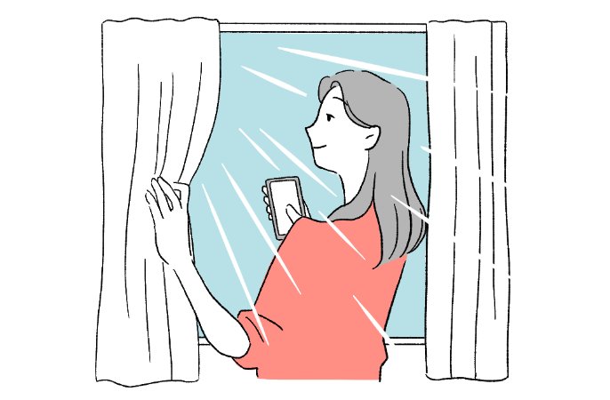 朝、窓のカーテンを開けている女性のイラストです。