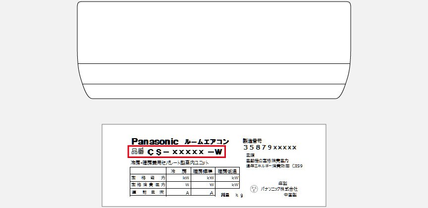 エアコンの品番掲載箇所の画像です