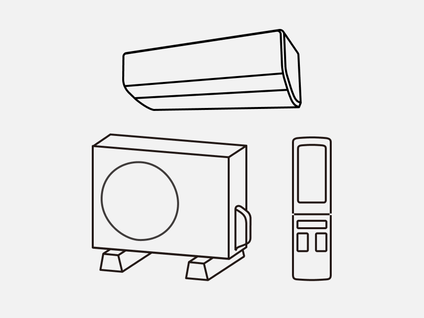室内機、室外機、リモコンのイラストです