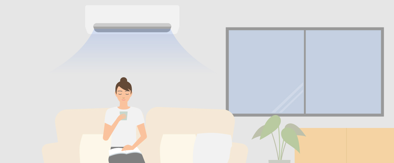 「くらしに役立つエアコンの上手な使い方」のメインビジュアル、エアコンの風を浴びながらソファでスマホを操作している人のイラストです