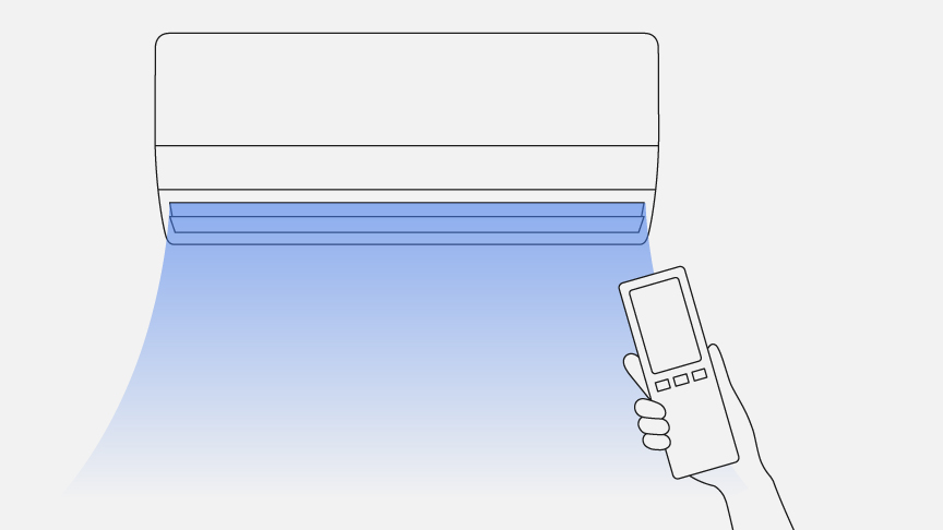 風が出ているエアコンにリモコンを向けているイラストです。