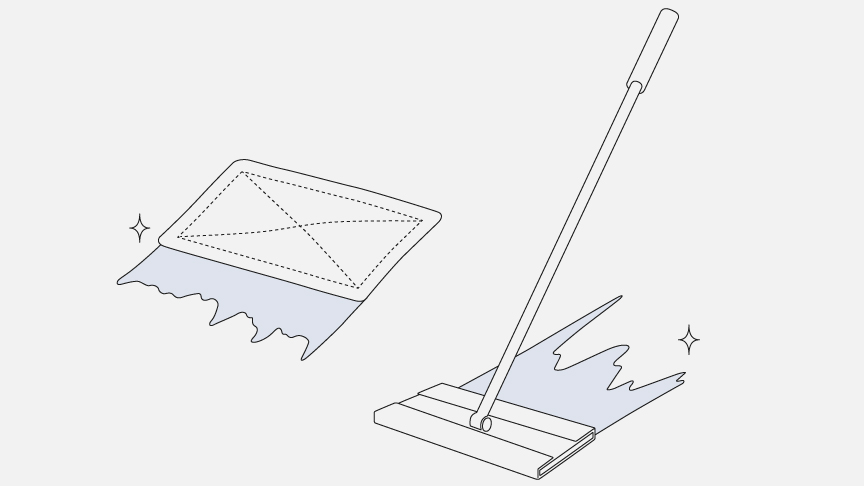 水拭きの雑巾と、ウェットタイプのシートのモップのイラストです。
