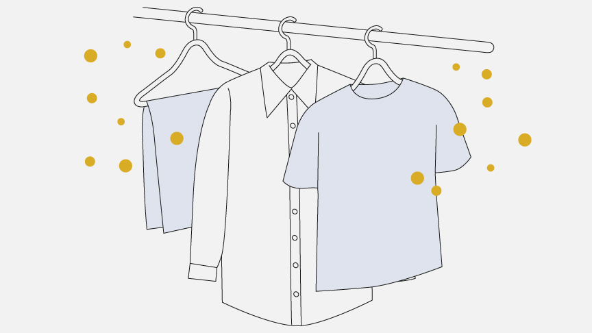 外干しの洗濯物の周りを花粉が飛んでいるイラストです。