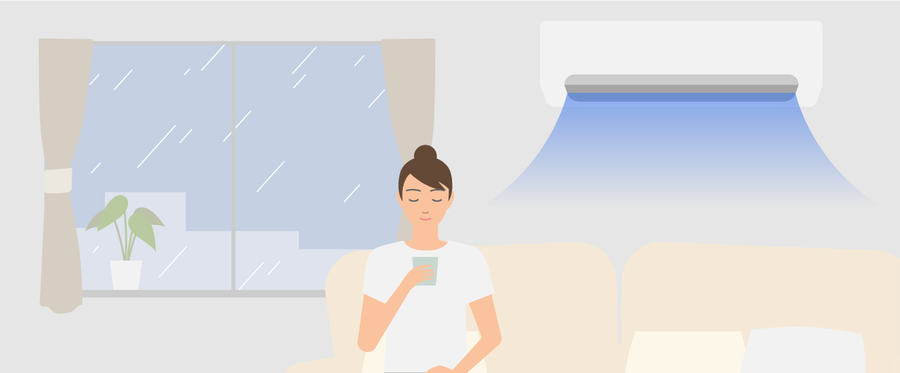 「梅雨のジメジメを乗り切るエアコンの使い方」のメインビジュアルのイラストです。　