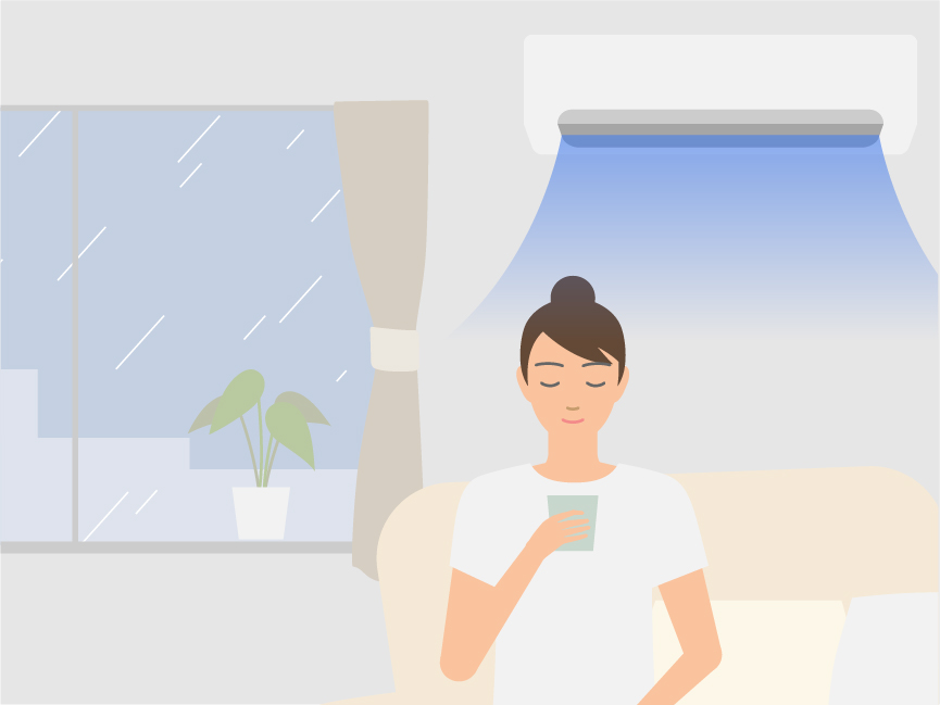 「梅雨のジメジメを乗り切るエアコンの使い方」のメインビジュアルのイラストです。　