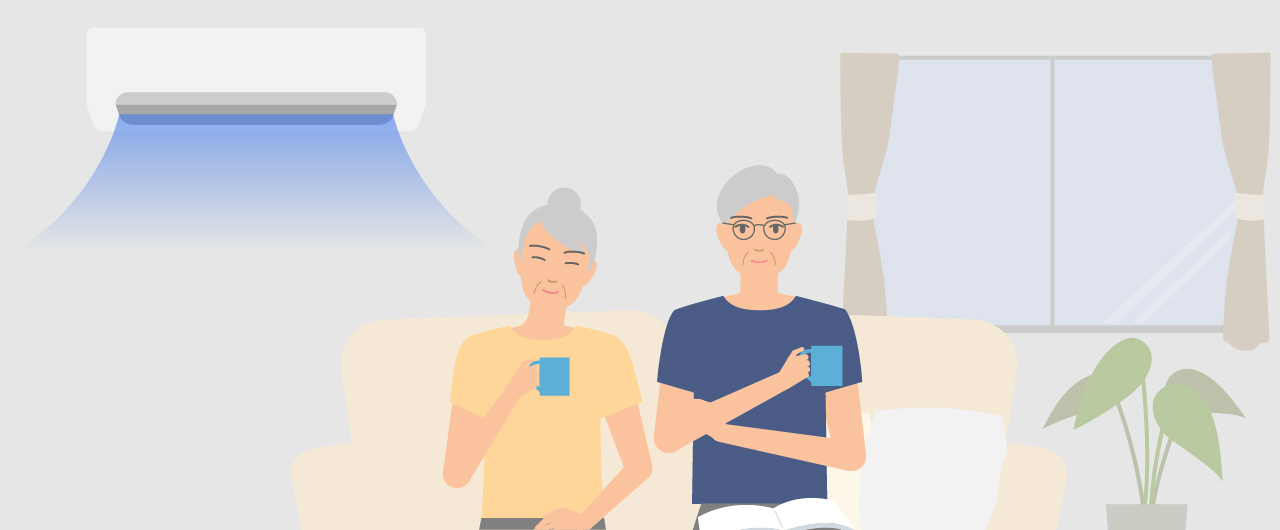 「無理なくエアコンを使って熱中症対策」のメインビジュアルのイラストです。　