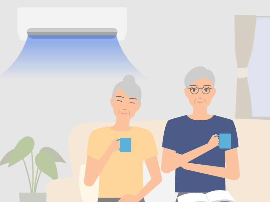 「無理なくエアコンを使って熱中症対策」のメインビジュアルのイラストです。　