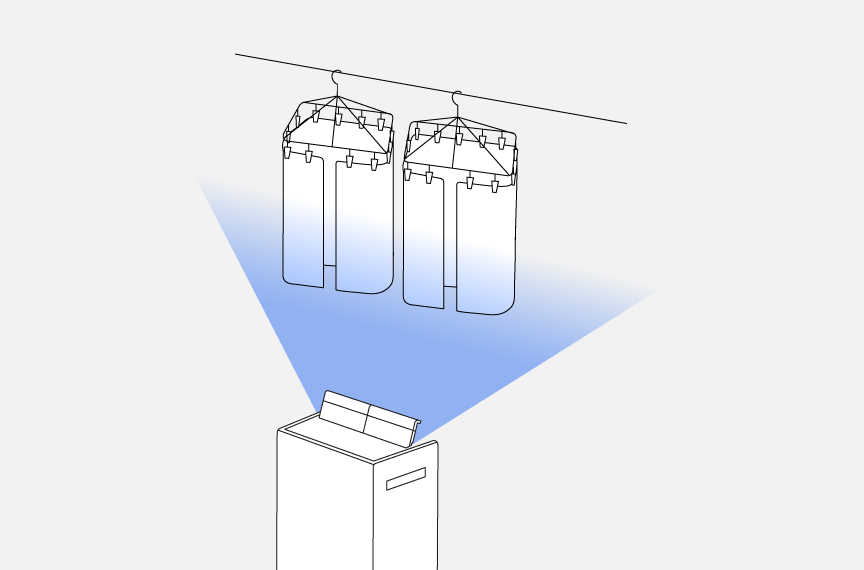 囲み干しをしたバスタオルに、衣類乾燥除湿機の風「上方向」「ワイド」をあてているイラストです。