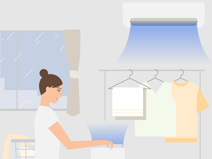 「雨の日の部屋干し（室内干し）に　エアコンと除湿機を使った衣類乾燥テクニック」のメインビジュアルのイラストです。　