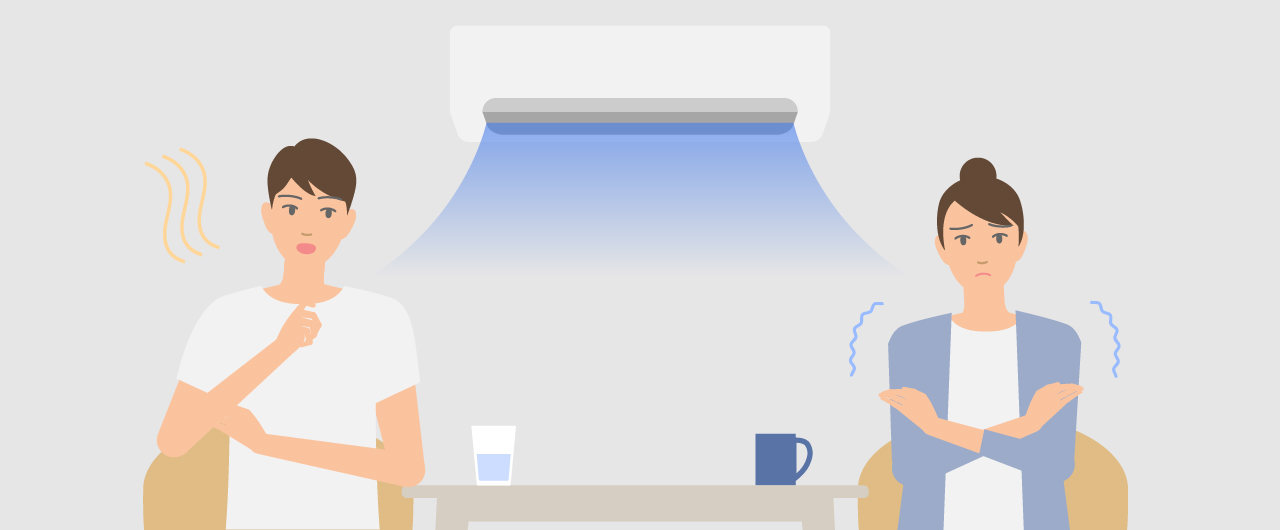 「暑がり・寒がりが同室で過ごす方法」のメインビジュアルのイラストです。　