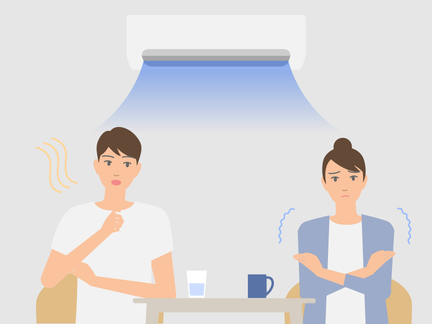 「暑がり・寒がりが同室で過ごす方法」のメインビジュアルのイラストです。　