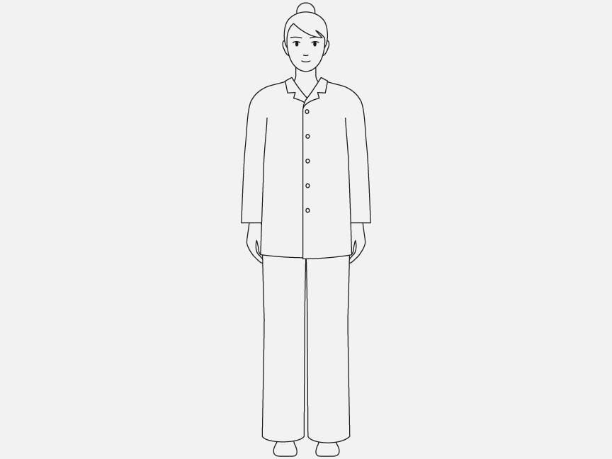 ゆったりとした長袖・長ズボンのパジャマを着た女性のイラストです。