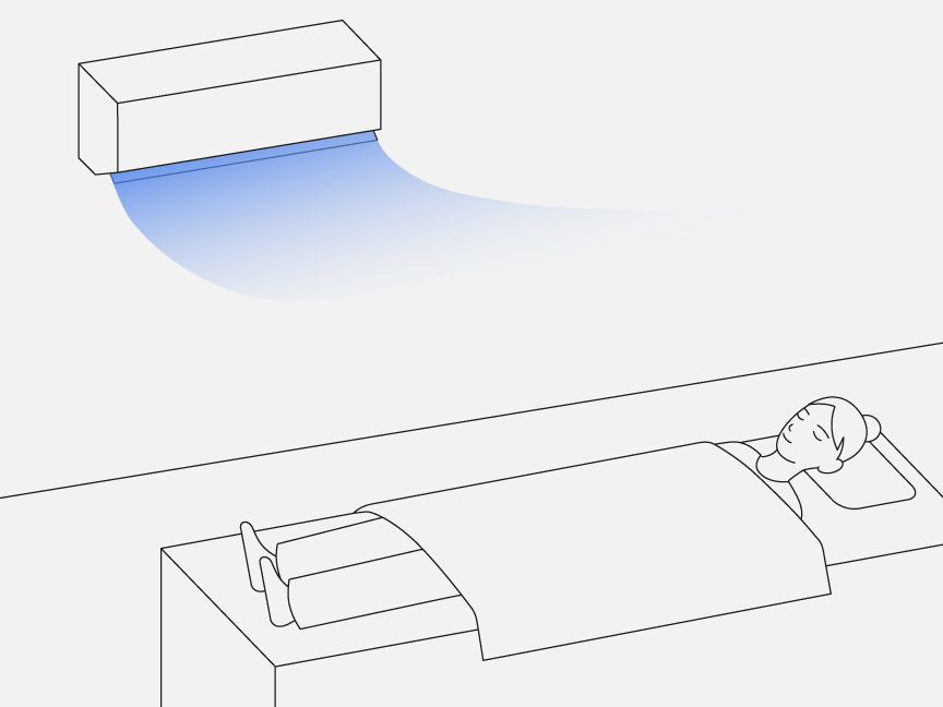 上向きの風で冷房をつけながら就寝している女性のイラストです。