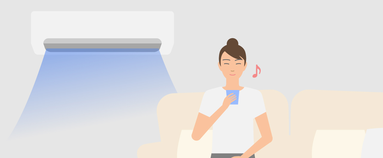 「夏も冬もガマンせず、電気代を減らす方法」のメインビジュアル、スマホをみて笑顔になっている人のイラストです