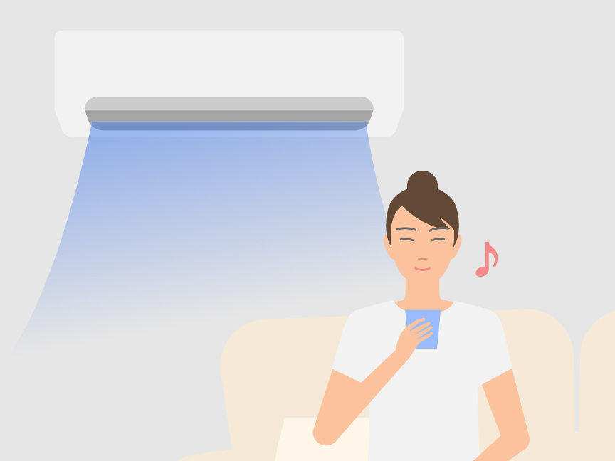 「夏も冬もガマンせず、電気代を減らす方法」のメインビジュアル、スマホをみて笑顔になっている人のイラストです