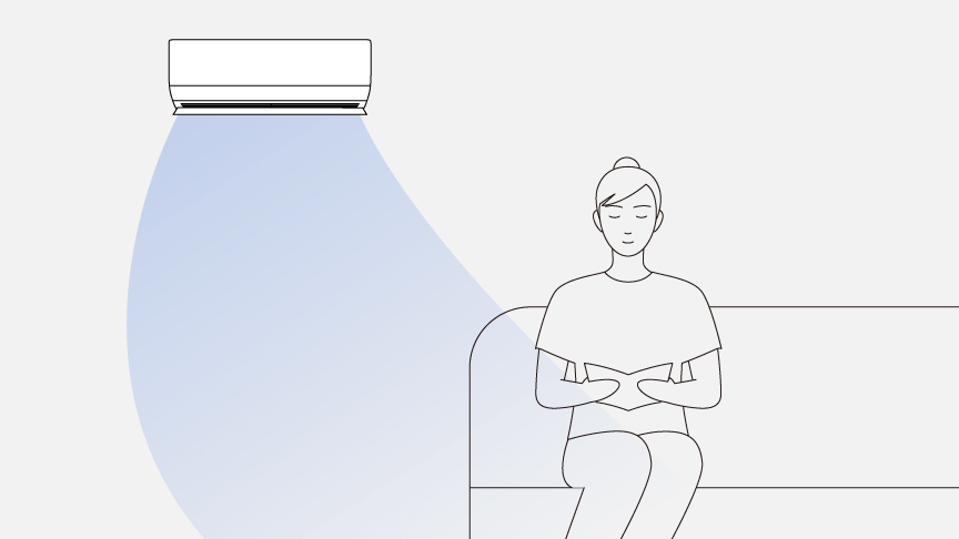 最小能力による運転の説明イラストです。コンプレッサーの回転数が少なく、設定温度到達後に、ムダなく室温をキープする運転です。