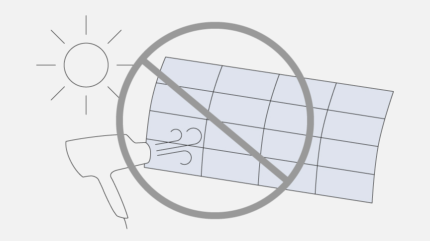 フィルターにドライヤーの温風や直射日光をあてないよう注意するイラストです。