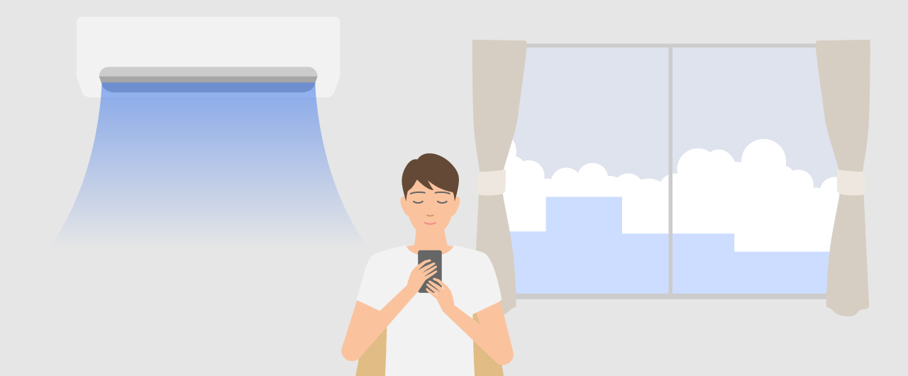 「つけっぱなし運転は電気代の節約になる？夏のエアコン冷房（クーラー）節電ポイント」のメインビジュアルのイラストです。