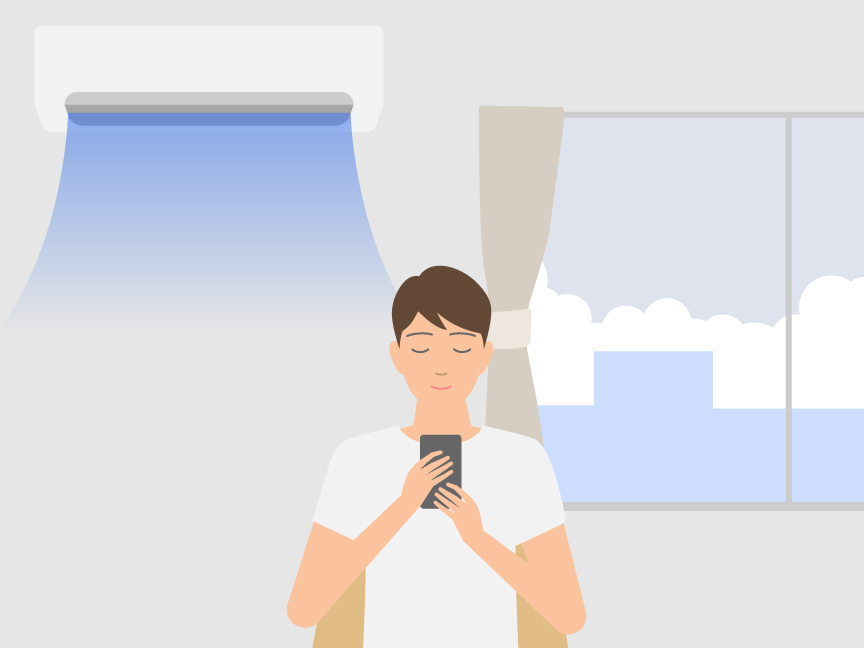 「つけっぱなし運転は電気代の節約になる？夏のエアコン冷房（クーラー）節電ポイント」のメインビジュアルのイラストです。