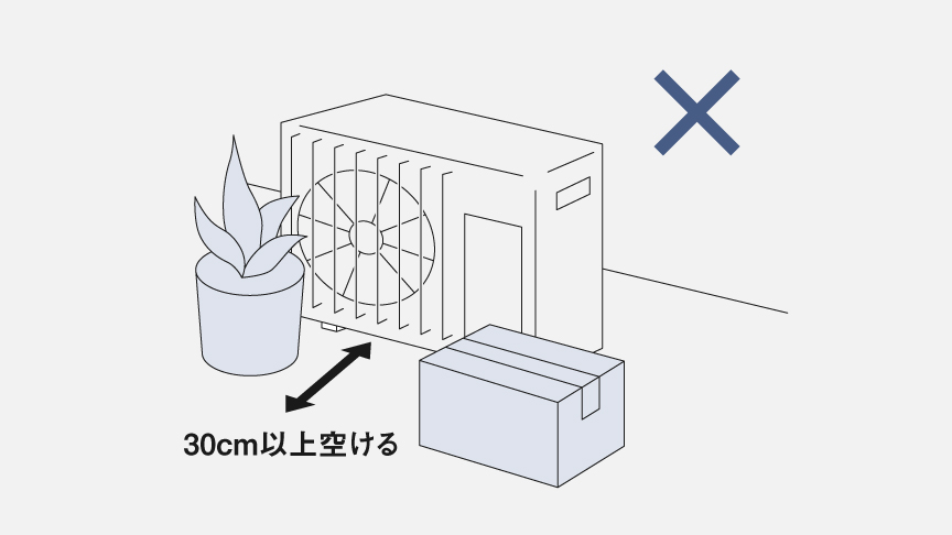 室外機の周囲に物を置かないことを推奨するイラストです。