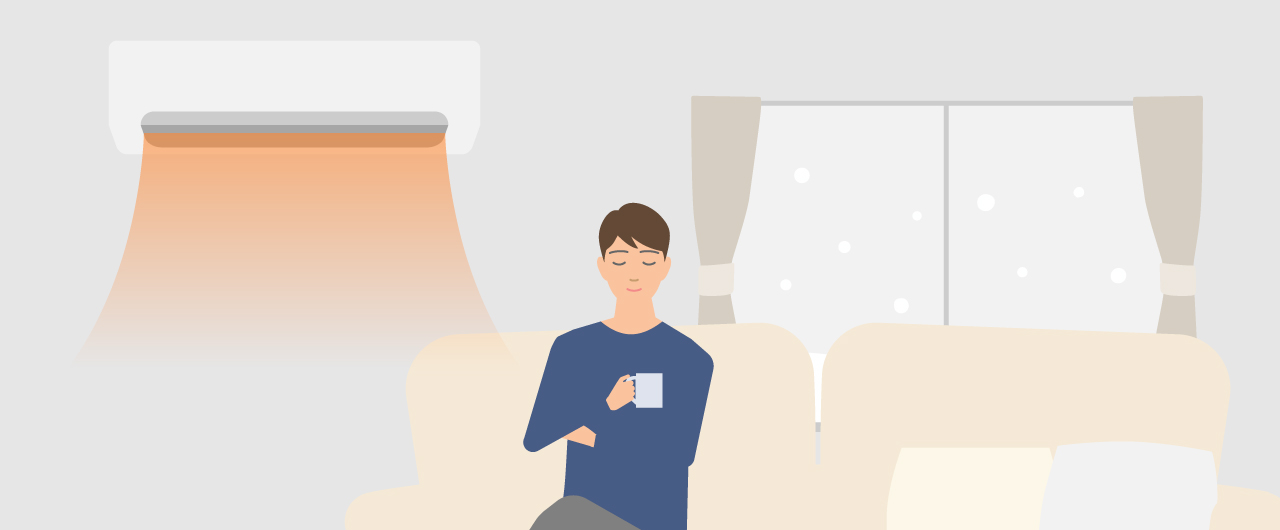 「冬のエアコン暖房は何度が目安？ 設定温度と節電ポイント」メインビジュアルのイラストです。