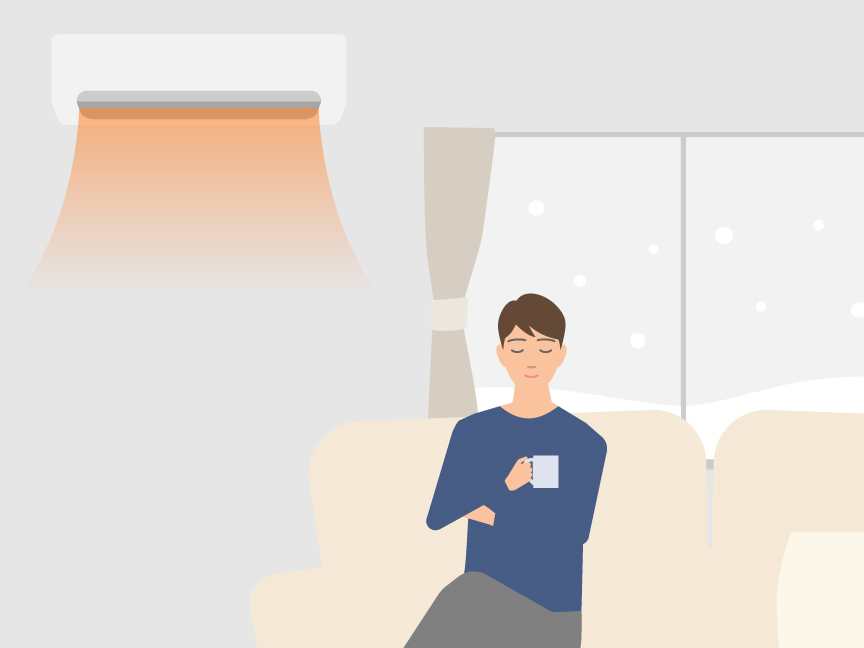 「冬のエアコン暖房は何度が目安？ 設定温度と節電ポイント」メインビジュアルのイラストです。