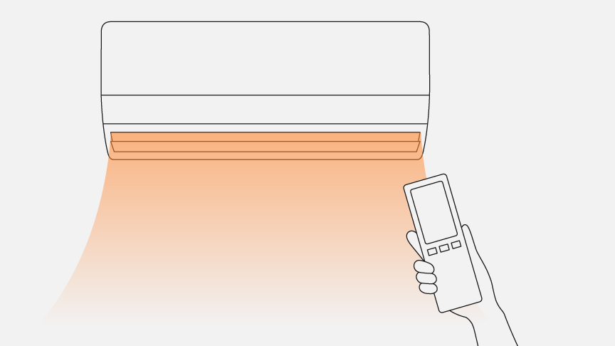 リモコンでエアコンの温風を操作しているイメージイラストです。