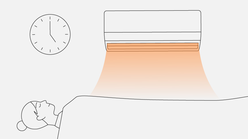 就寝中に暖房の風があたっている女性のイラストです。