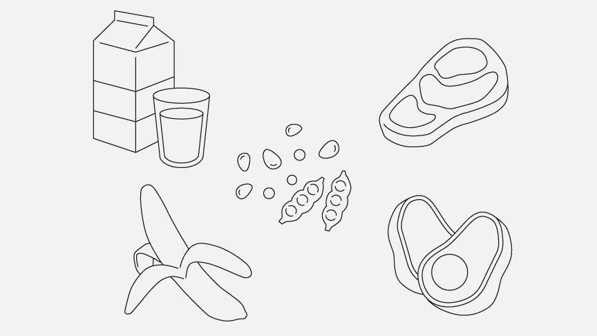 牛乳、バナナ、肉、豆、アボカドのイラストです。