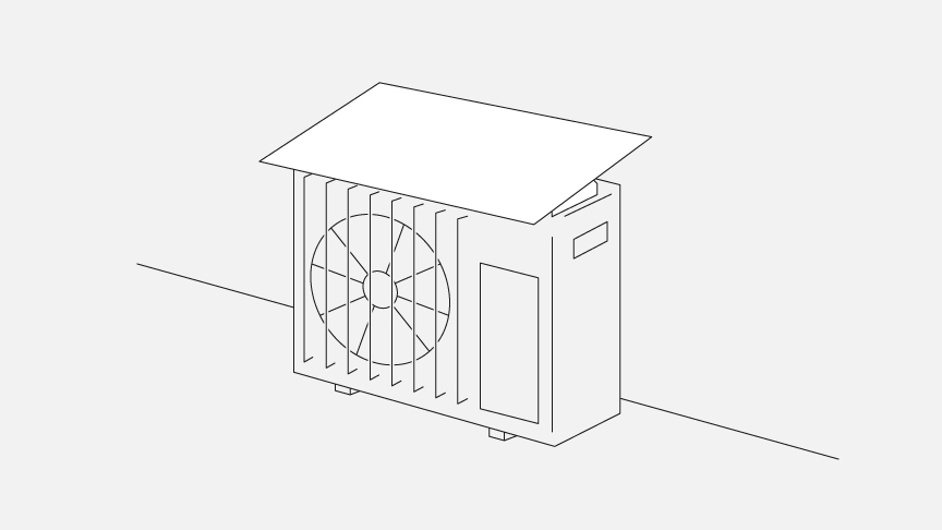 室外機に天面タイプの日除けを取り付けた様子です。