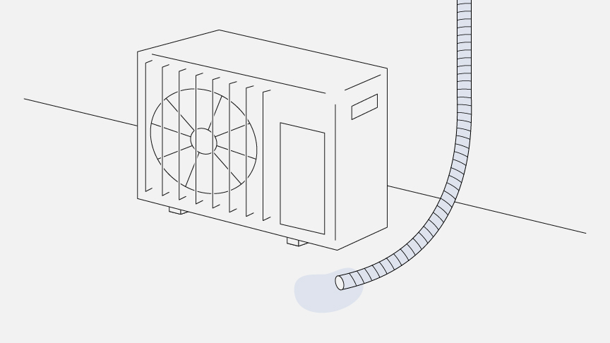 室外機の隣に、上からドレンホースがのびて床に接しているイラストです。