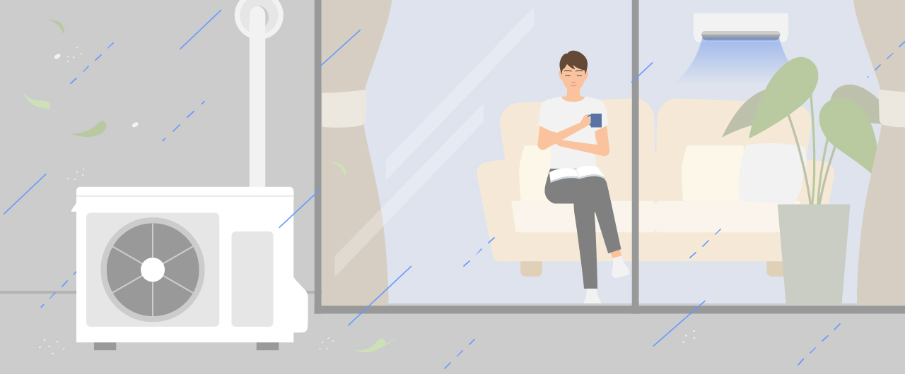 「台風シーズンのエアコントラブル対策法」のメインビジュアルのイラストです。　