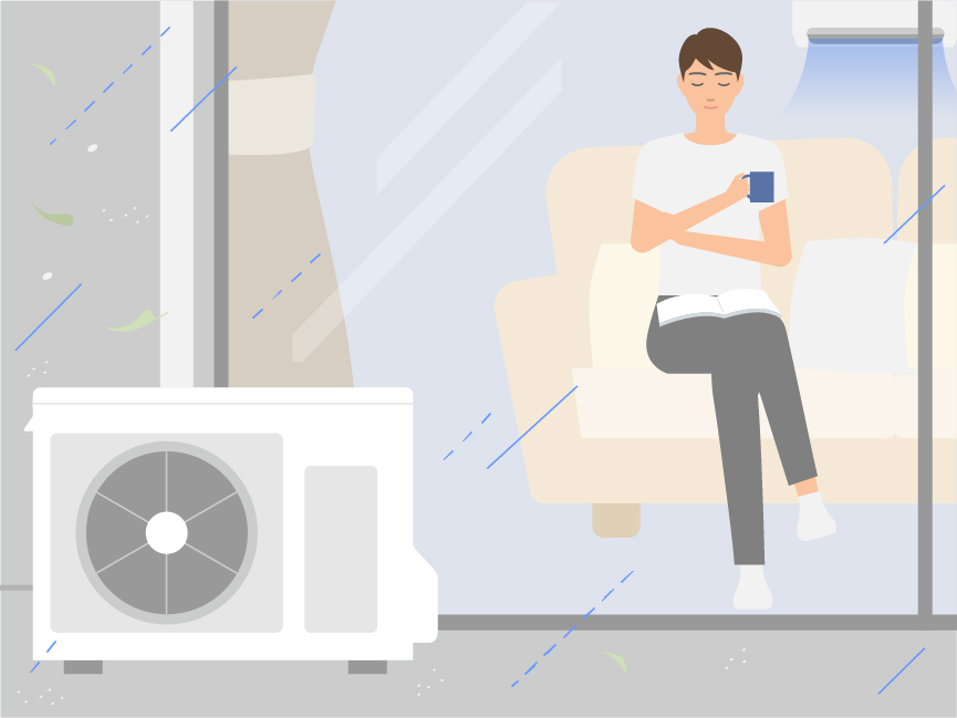 「台風シーズンのエアコントラブル対策法」のメインビジュアルのイラストです。　