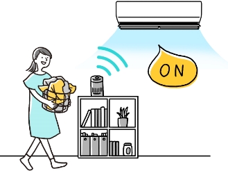 スマートスピーカー連携のイメージビジュアルです。洗濯籠を手にしている女性が声でスマートスピーカーに語りかけ、エアコンを操作している画像です。