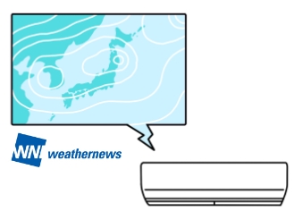 天気予報連動のイメージビジュアルです。エアコンから日本地図の吹き出しが表示されています。