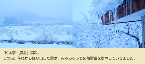 「松本亭一農舎」周辺。この日、午後から降り出した雪は、みるみるうちに積雪量を増やしていきました。