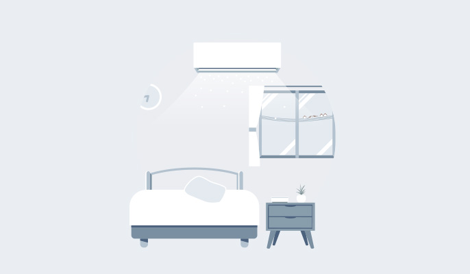 朝の寝室のイラストです。エオリアスリープはおめざめクリーン機能で、起床後ナノイーXで寝室の空気とエアコン内部をクリーンに保ちます。