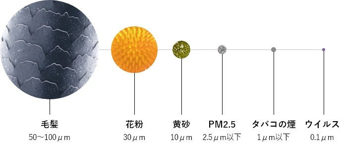 微粒子のサイズ比較の画像です。毛髪 50～100μm / 花粉 30μm / 黄砂10μm / PM2.5 2.5μm以下 / タバコの煙 1μm以下 / ウイルス 0.1μm