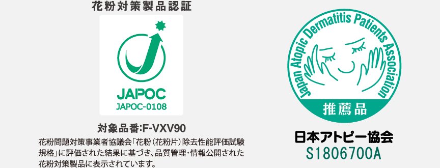 花粉対策製品認証のマークと、日本アトピー協会のロゴです。