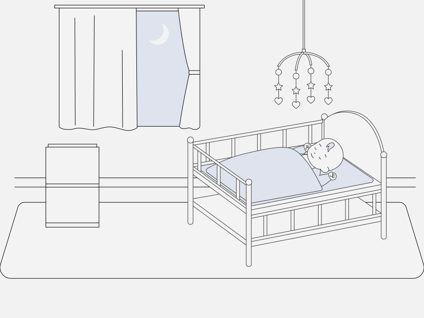 赤ちゃんが寝ている部屋に空気清浄機が置いてある画像