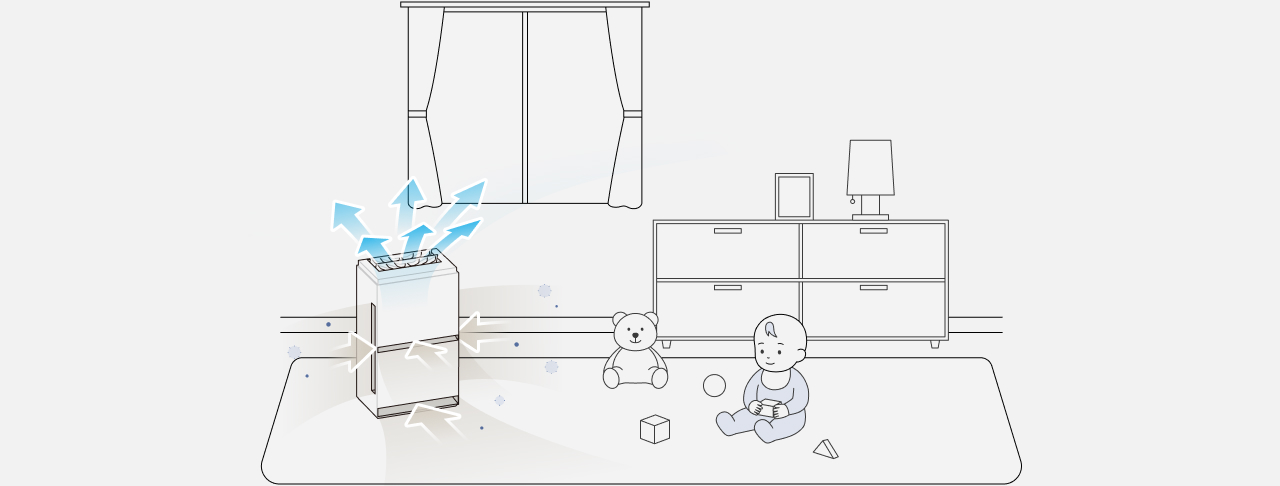 赤ちゃんが過ごす部屋で、空気清浄機が花粉やハウスダストを集じんしている画像