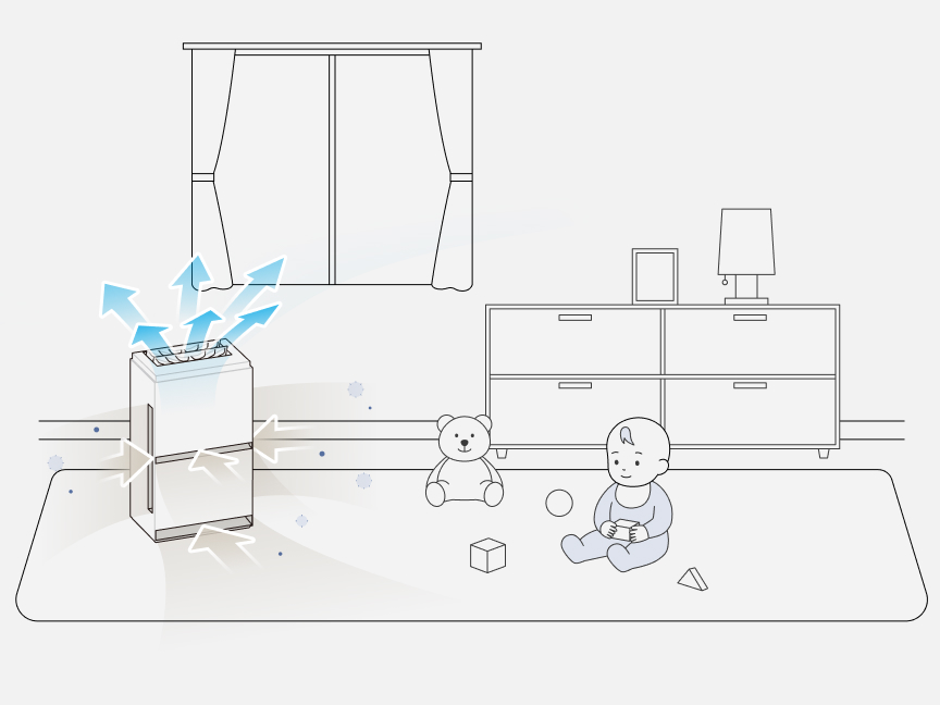 赤ちゃんが過ごす部屋で、空気清浄機が花粉やハウスダストを集じんしている画像