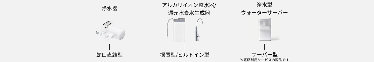 画像：浄水器 蛇口直結型,アルカリイオン整水器/還元水素水生成器 据置型/ビルトイン型,浄水型ウォーターサーバー サーバー型