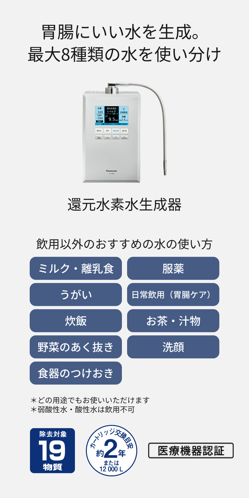 胃腸にいい水を生成。最大8種類の水を使い分け 還元水素水生成器