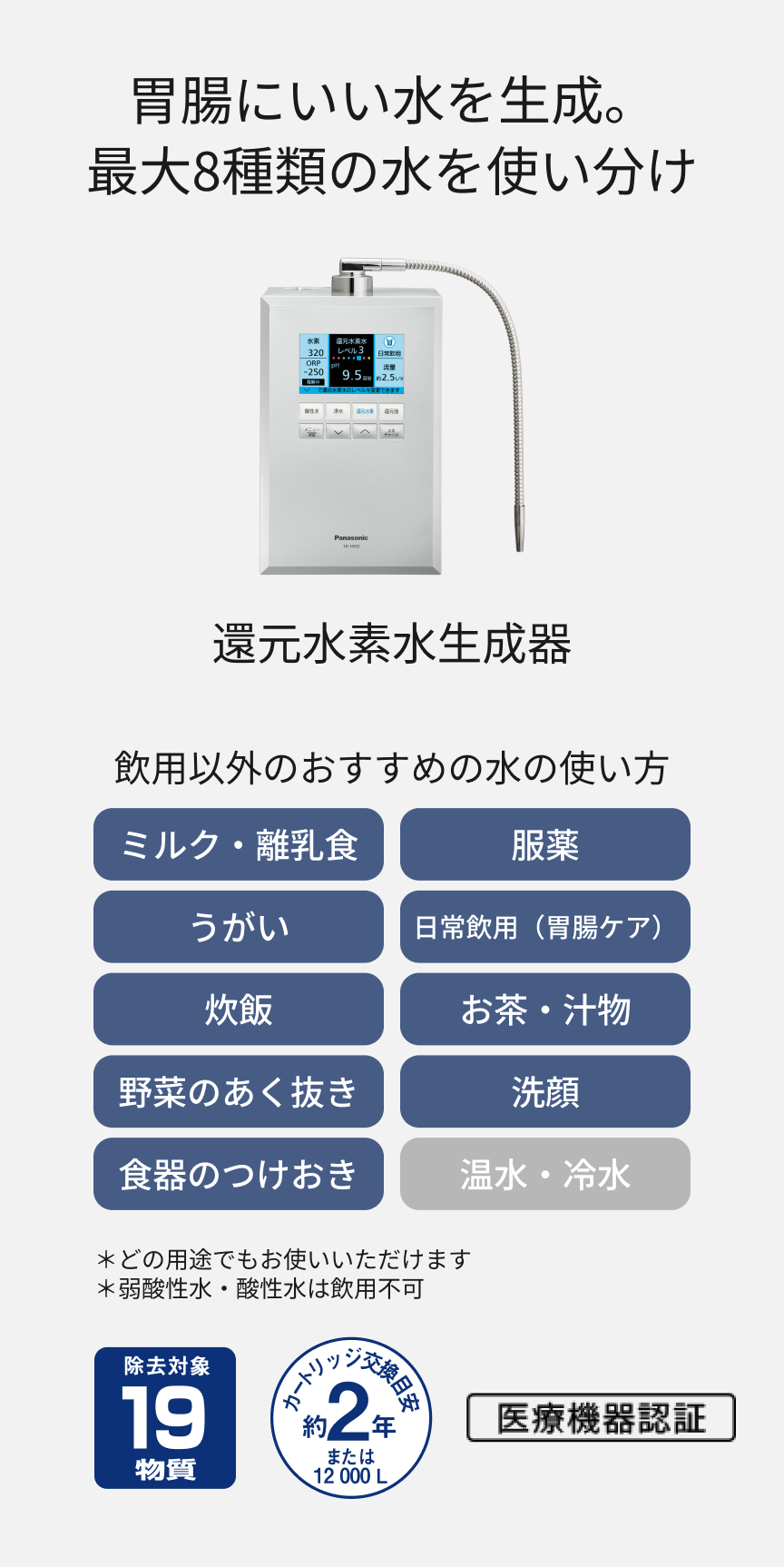 胃腸にいい水を生成。最大8種類の水を使い分け 還元水素水生成器